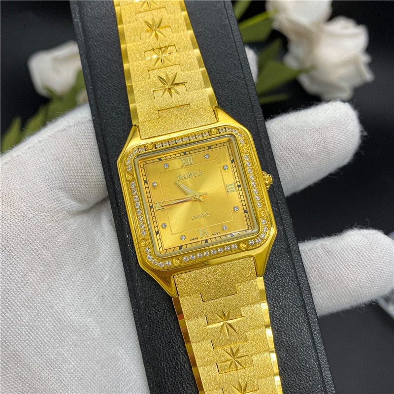 24K Gold Men's Watch Square Big Dial European Retro Carved Gold Watch