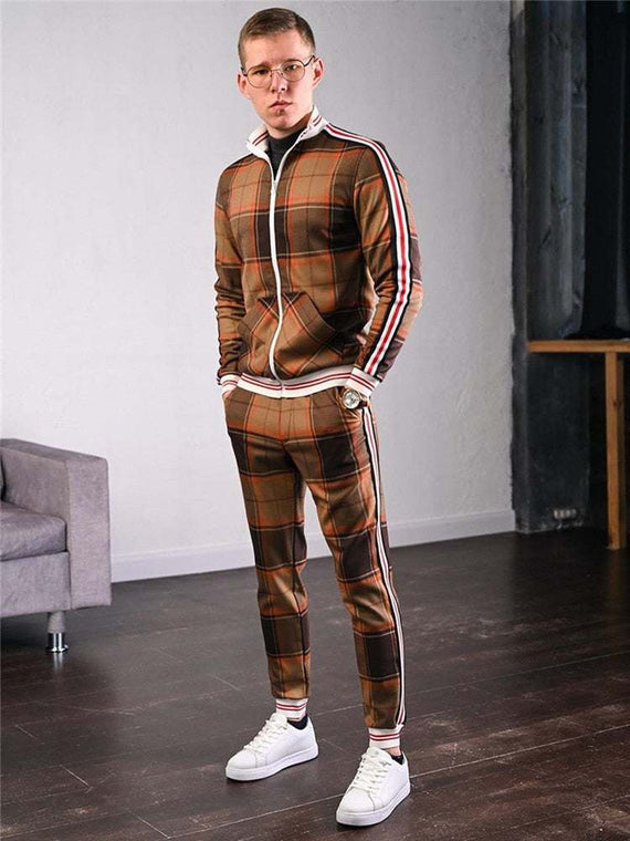 Men's Tracksuit Two-piece Striped Lattice Slim Fit Tracksuit