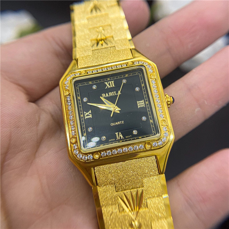 24K Gold Men's Watch Square Big Dial European Retro Carved Gold Watch