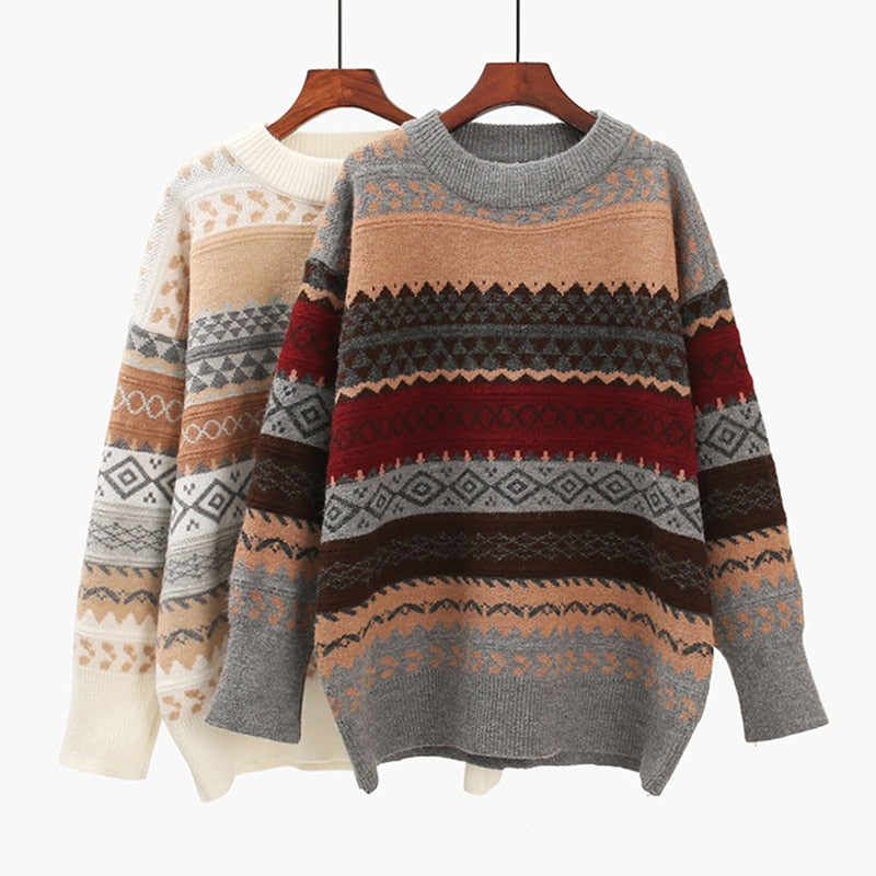 Vintage Sweater Women Knitted Pullovers Striped Winter Streetwear - Acapparelstore