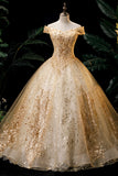 Women's Gold Quinceanera Wedding Dress Off Shoulder Party Dress