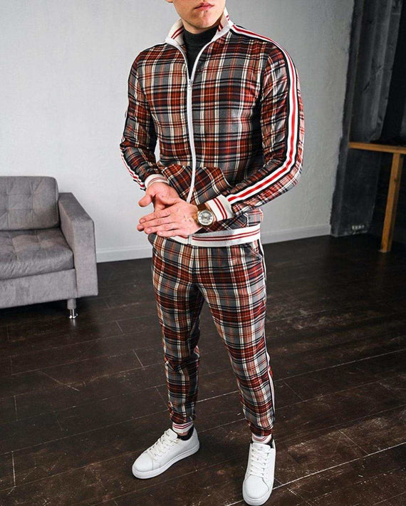 Men's Tracksuit Two-piece Striped Lattice Slim Fit Tracksuit