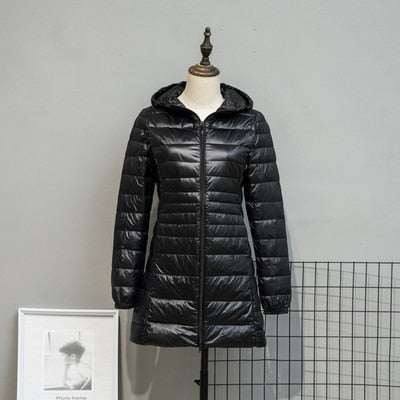 Long Down Jackets Women's Ultra-Light Hooded Duck Down Coat