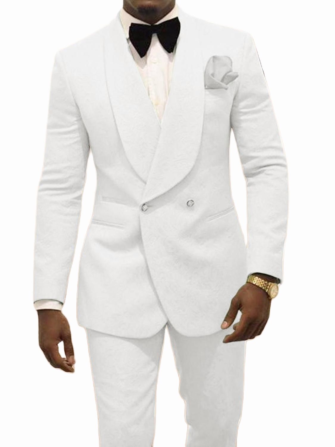 Custom Made Groomsmen White Pattern Groom Tuxedos Shawl Lapel Suits - Acapparelstore