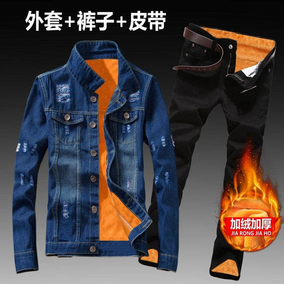 Women Men Denim Fleece Lining Thick Warm Solid Denim Set