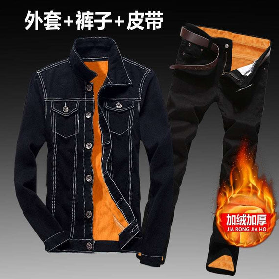 Women Men Denim Fleece Lining Thick Warm Solid Denim Set