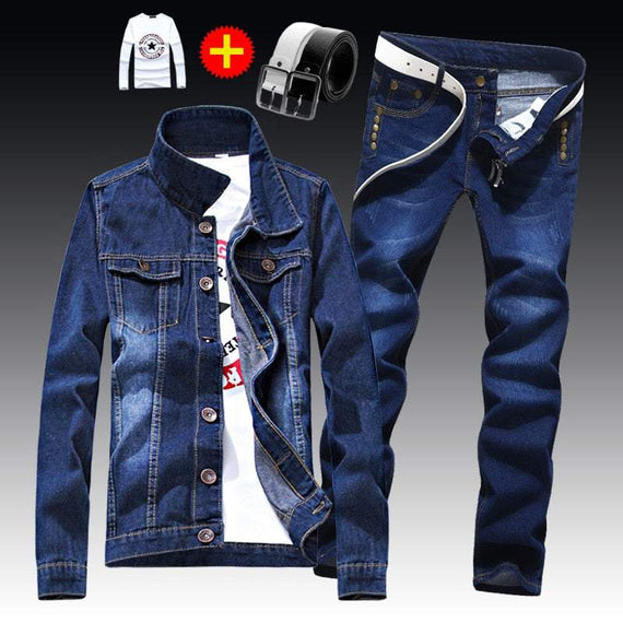 Men's Denim Jacket Pants Single Breasted Holes Casual Suit
