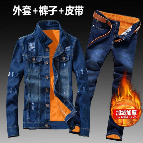 Women Men Denim Fleece Lining Thick Warm Solid Denim Set