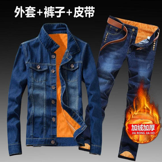 Women Men Denim Fleece Lining Thick Warm Solid Denim Set