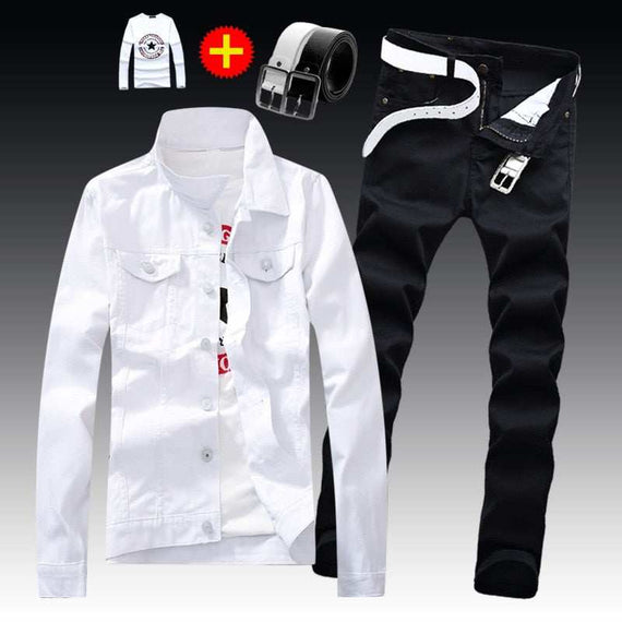 Men's Denim Jacket Pants Single Breasted Holes Casual Suit
