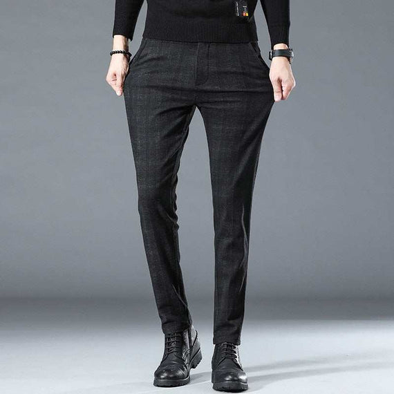 Winter Fleece Pants Men's High-Quality Business Plaid Slim Pant