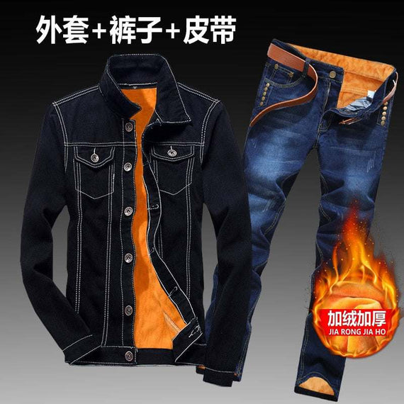 Women Men Denim Fleece Lining Thick Warm Solid Denim Set