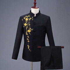 Two Pcs Suit Set Men's Casual Boutique Personalized Printed Stand-Up Collar