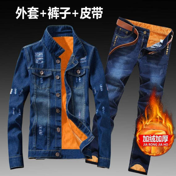Women Men Denim Fleece Lining Thick Warm Solid Denim Set