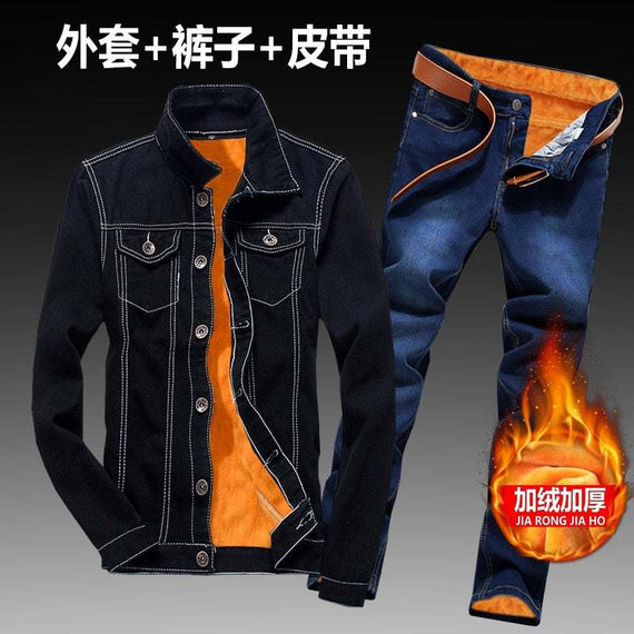 Women Men Denim Fleece Lining Thick Warm Solid Denim Set