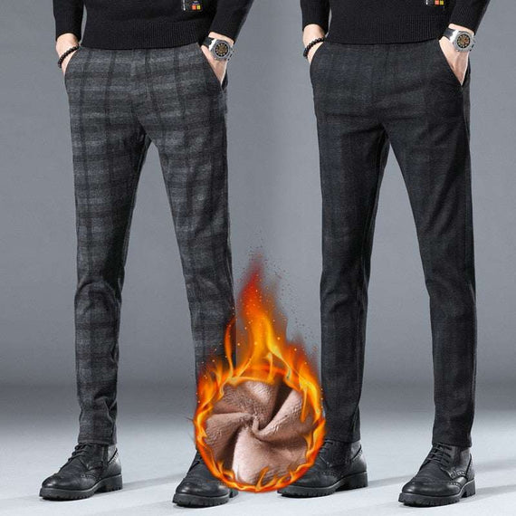 Winter Fleece Pants Men's High-Quality Business Plaid Slim Pant