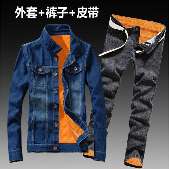 Women Men Denim Fleece Lining Thick Warm Solid Denim Set
