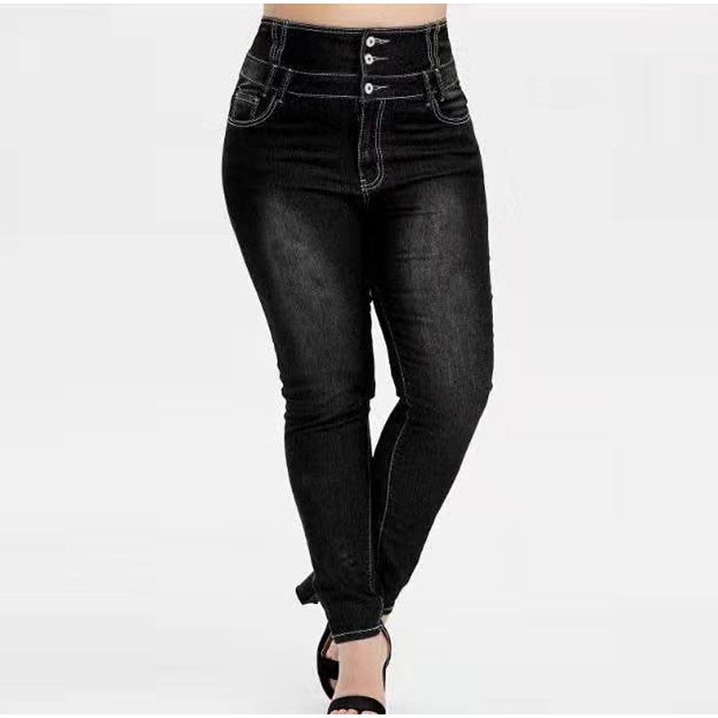 Women's Plus Size Button Up Skinny Black Gray Spring Long Jeans - Acapparelstore