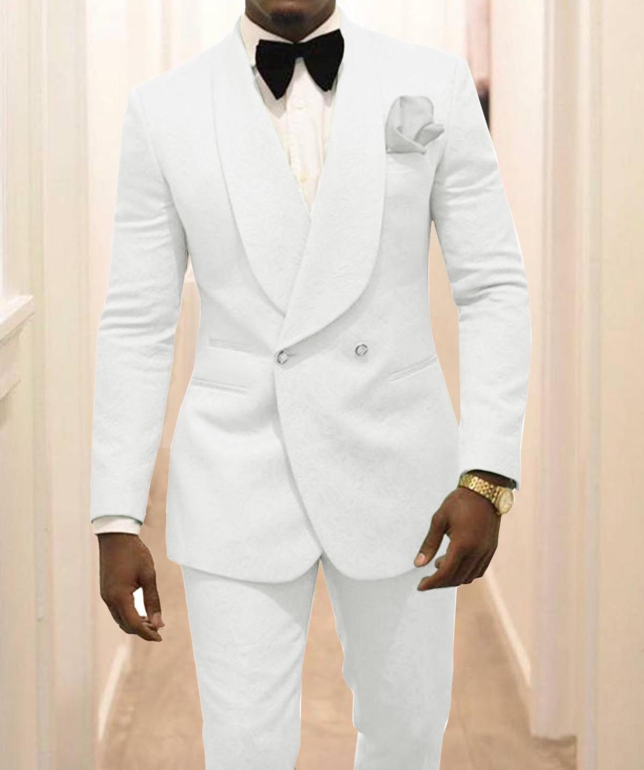Custom Made Groomsmen White Pattern Groom Tuxedos Shawl Lapel Suits - Acapparelstore