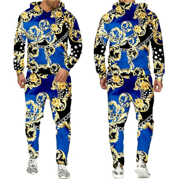 Baroque Style Sweatsuit 3D Printed Crown Golden Chain Hoodie Sweatsuit