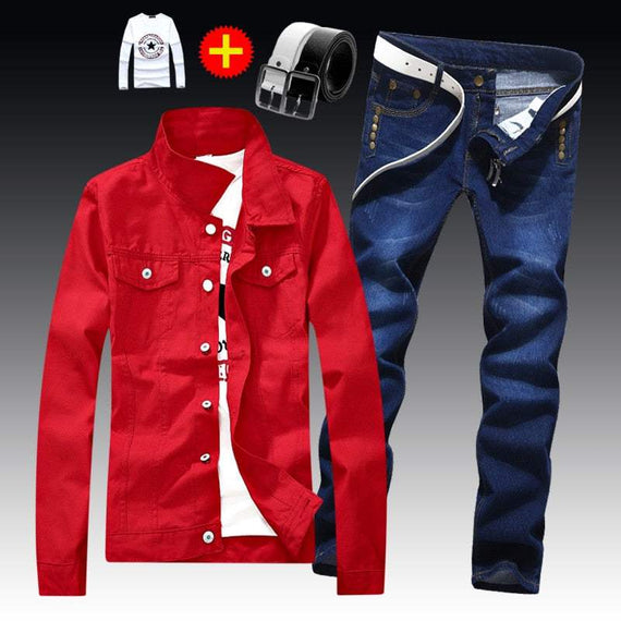 Men's Denim Jacket Pants Single Breasted Holes Casual Suit