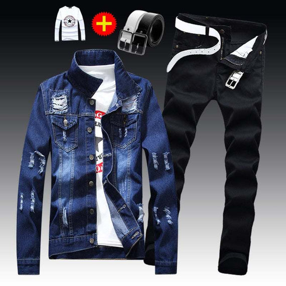 Men's Denim Jacket Pants Single Breasted Holes Casual Suit