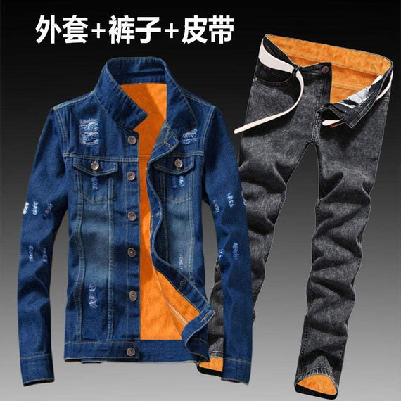 Women Men Denim Fleece Lining Thick Warm Solid Denim Set