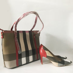 Women's Striped Style Soft Pumps Shoes Match Big Handbag Sets