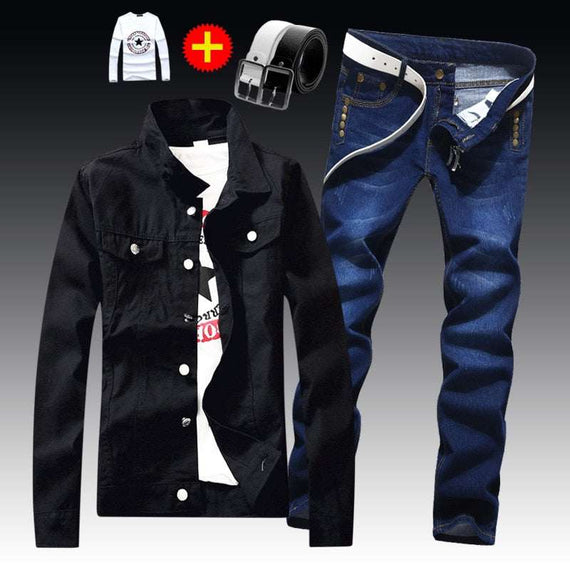 Men's Denim Jacket Pants Single Breasted Holes Casual Suit