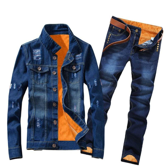 Women Men Denim Fleece Lining Thick Warm Solid Denim Set