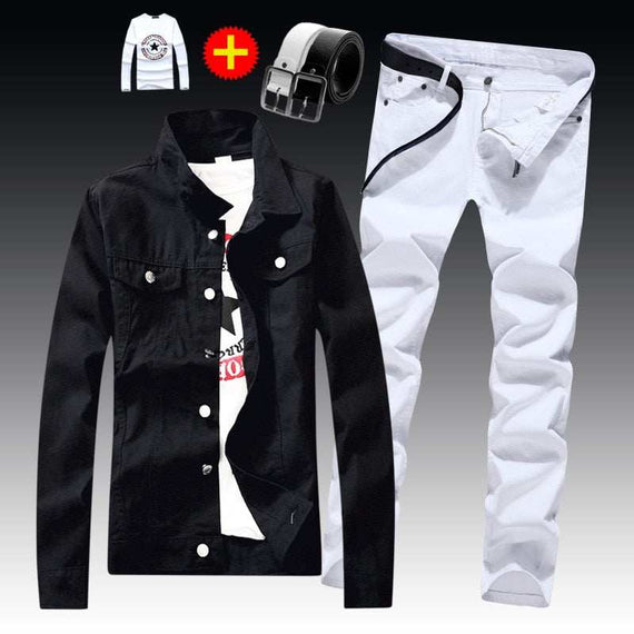 Men's Denim Jacket Pants Single Breasted Holes Casual Suit