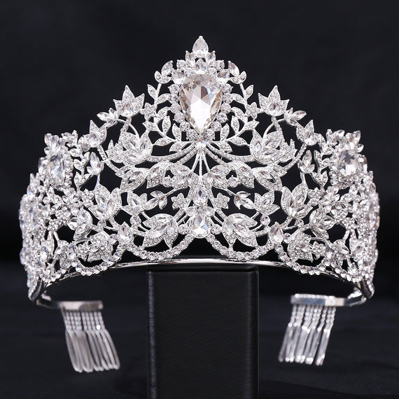 Baroque European Big Luxury Crystal Bride Wedding Crown Large Rhinestone