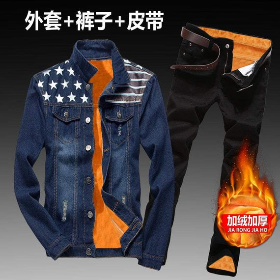 Women Men Denim Fleece Lining Thick Warm Solid Denim Set