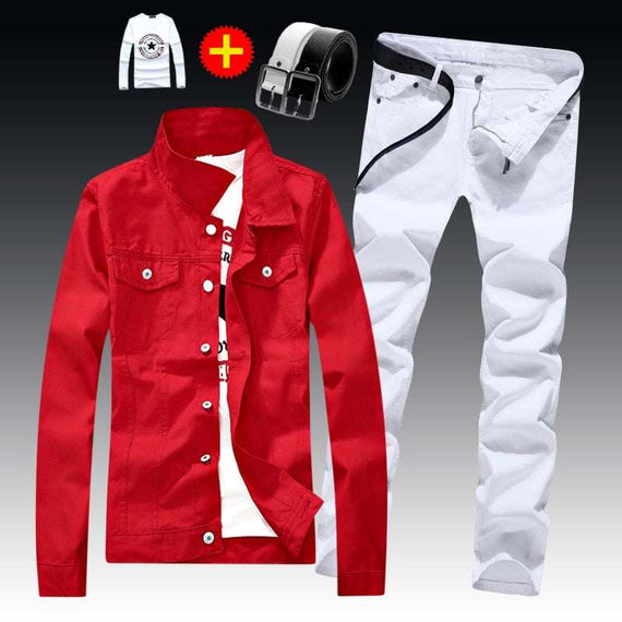 Men's Denim Jacket Pants Single Breasted Holes Casual Suit