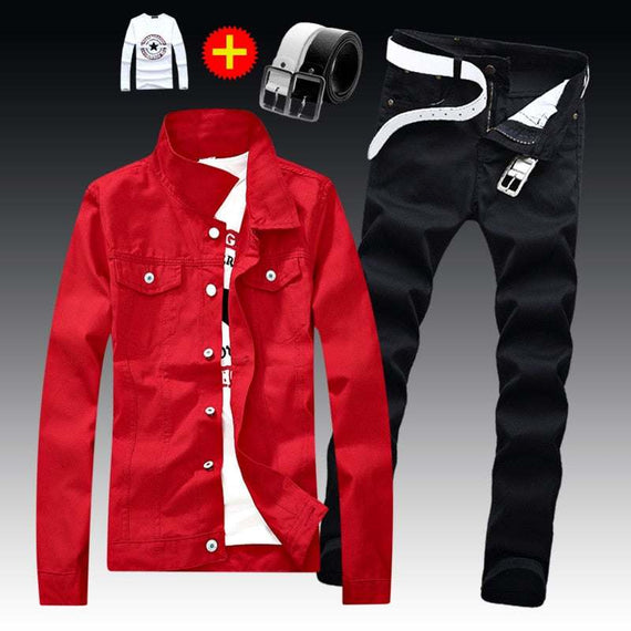 Men's Denim Jacket Pants Single Breasted Holes Casual Suit
