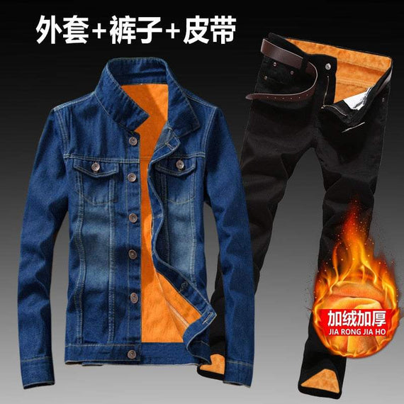 Women Men Denim Fleece Lining Thick Warm Solid Denim Set