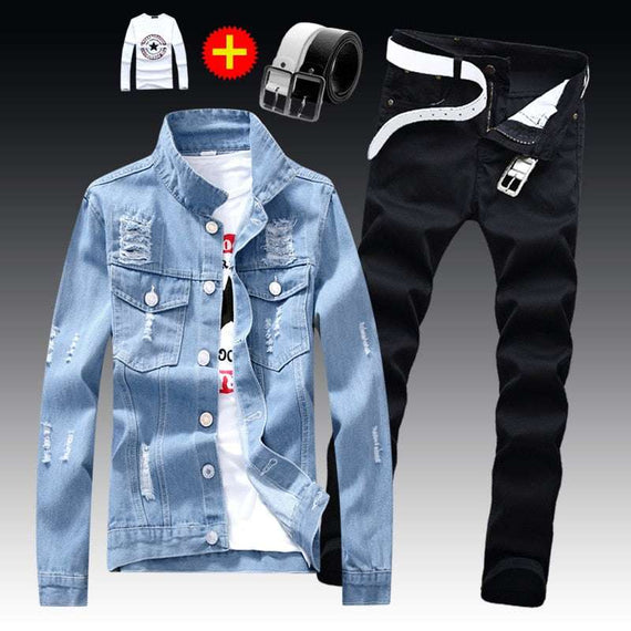 Men's Denim Jacket Pants Single Breasted Holes Casual Suit