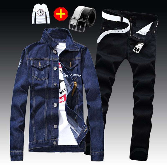 Men's Denim Jacket Pants Single Breasted Holes Casual Suit
