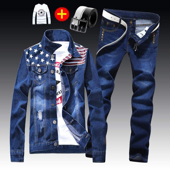 Men's Denim Jacket Pants Single Breasted Holes Casual Suit