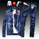 Men's Denim Jacket Pants Single Breasted Holes Casual Suit