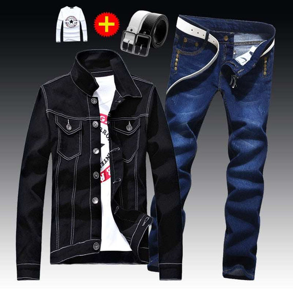 Men's Denim Jacket Pants Single Breasted Holes Casual Suit