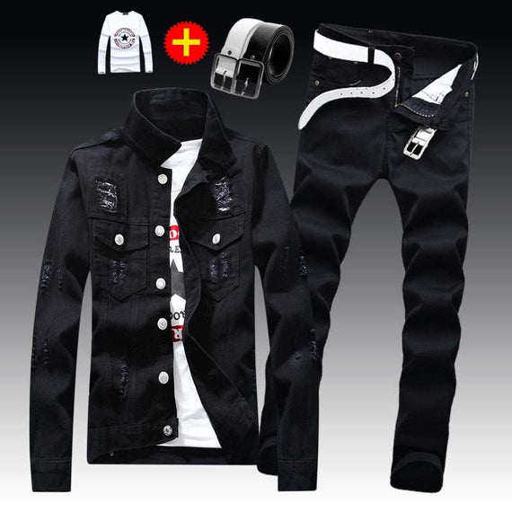 Men's Denim Jacket Pants Single Breasted Holes Casual Suit