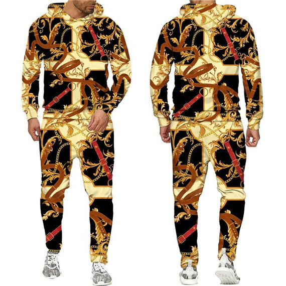 Baroque Style Sweatsuit 3D Printed Crown Golden Chain Hoodie Sweatsuit