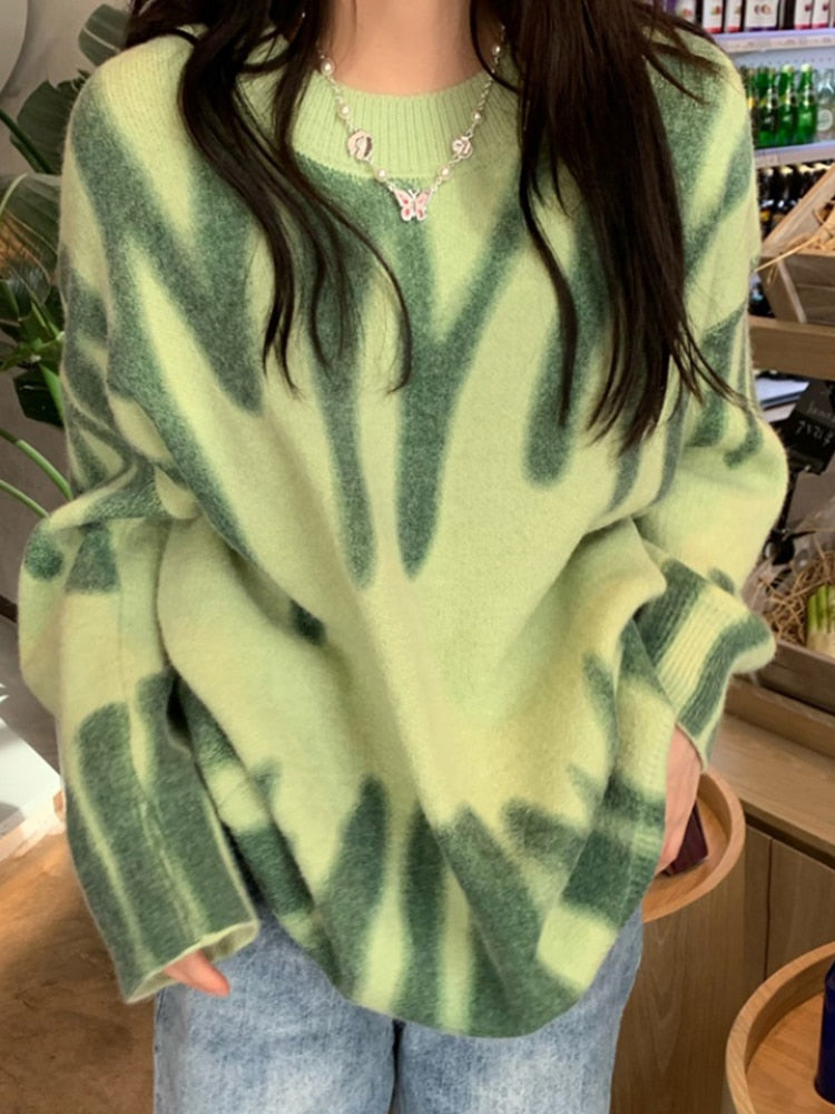 Print Knitted Sweater Women Elegant Green Striped Pullovers Sweater - Acapparelstore