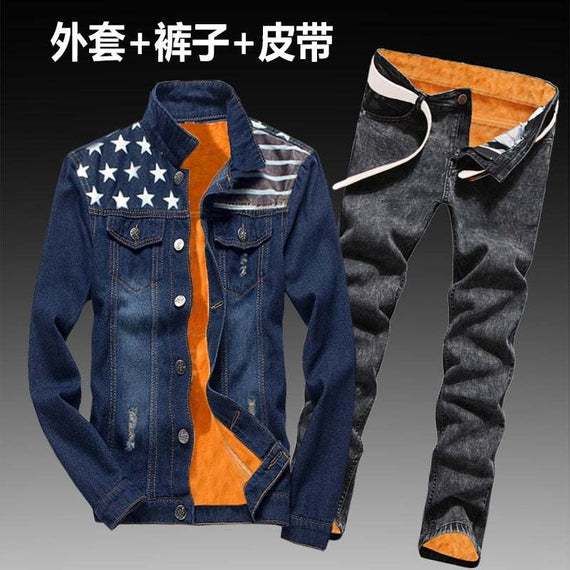 Women Men Denim Fleece Lining Thick Warm Solid Denim Set