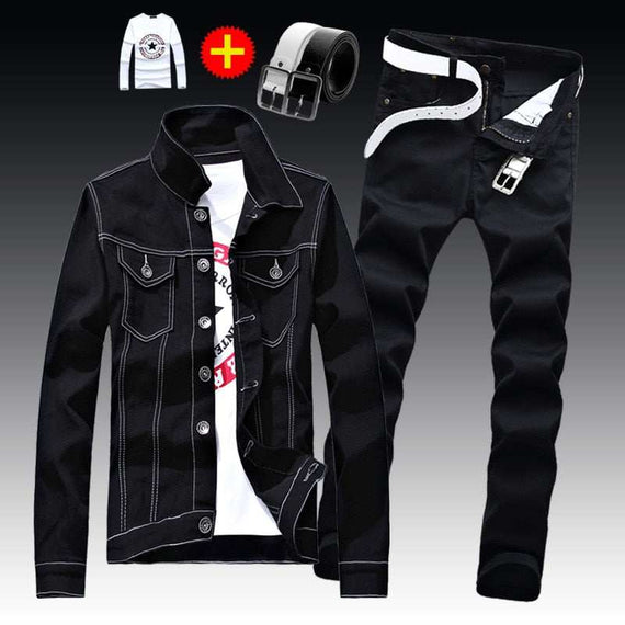 Men's Denim Jacket Pants Single Breasted Holes Casual Suit