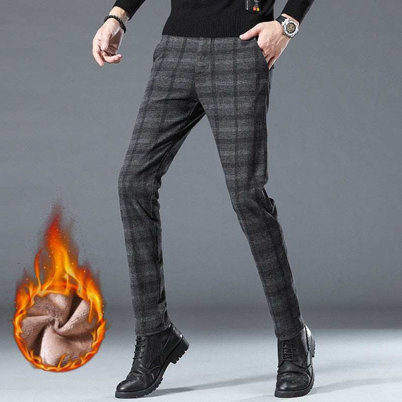 Winter Fleece Pants Men's High-Quality Business Plaid Slim Pant