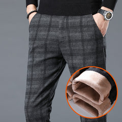 Winter Fleece Pants Men's High-Quality Business Plaid Slim Pant