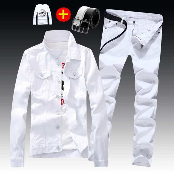 Men's Denim Jacket Pants Single Breasted Holes Casual Suit