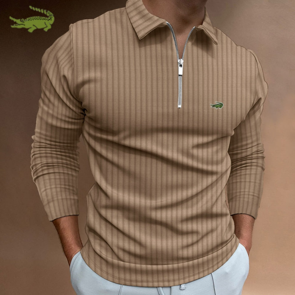 Men Stripe Long Sleeve Shirt Spring Autumn Embroidery Warm T-Shirt - Acapparelstore